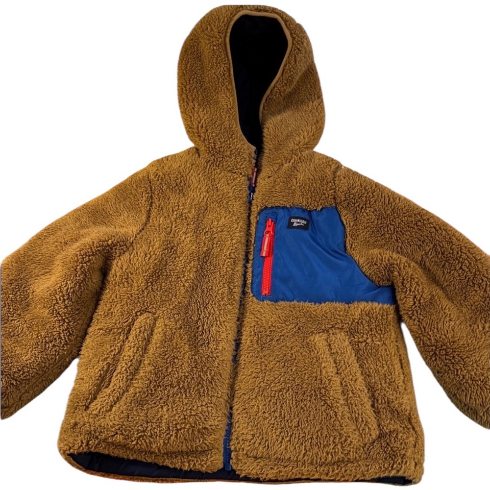 OshKosh B’gosh Reversible Sherpa & Puffer Jacket Brown Blue Boys M 5/6 Hooded